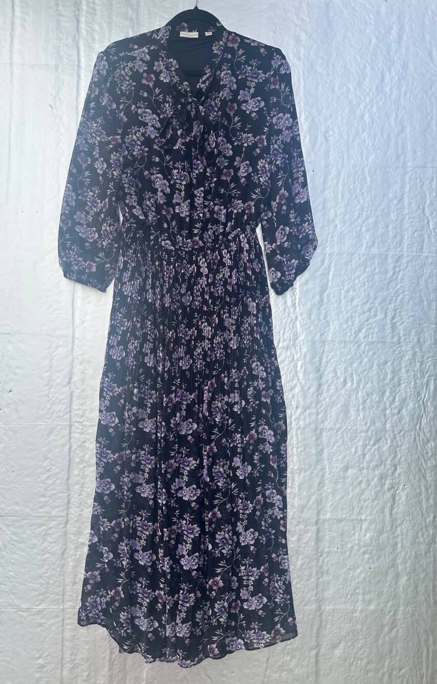 Eva Mendes Large Tall Black Purple Floral Tie Neck Pleated Midi Dress